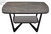 Modern grey ceramic marble effect coffee table with sleek black metal legs and a matching lower shelf perfect for living rooms
