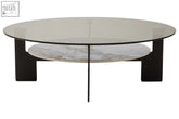 Imperia round grey glass coffee table with black metal legs and a light marble lower shelf for modern living rooms