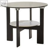 Imperia round grey glass and ceramic small coffee table with black metal frame smoked glass top and white marble shelf