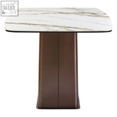 Imperia white ceramic marble effect rectangular dining table with white ceramic marble top and dark bronze pedestal base