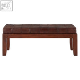 Brown leather bench with tufted antique brown leather upholstery and wooden frame perfect for entryways