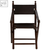 Dark brown teak wood folding chair with black leather straps and armrests inca black leather and teak wood folding chair