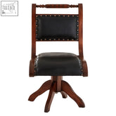 Dark brown teak wood swivel chair with black leather upholstery and decorative nailhead trim from inca collection