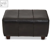 Black leather bench with stitched paneling and teak wood legs perfect for stylish seating and decor