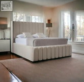 Beige tufted upholstered indiana bed frame with matching bench at the foot for stylish bedroom comfort