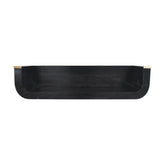 Black rectangular indira floating console table with rounded edges and gold toned metal accents on each end