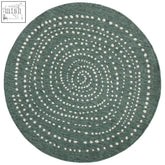 Circular teal indoor outdoor bali reversible round rug with subtle white dot spiral pattern