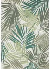 Beige indoor outdoor rug with repeating green and olive palm leaf pattern perfect for indoor outdoor use