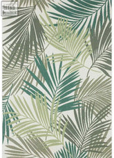 Beige indoor outdoor rug with repeating green and olive palm leaf pattern perfect for indoor outdoor use