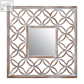 Square wall mirror with antique white distressed metal frame and intricate white lattice interlocking circle design