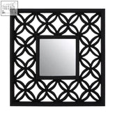 Indus square black lattice wall mirror with a square black frame and intricate interlocking circular pattern