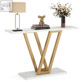 Modern industrial console table with white marble top and gold-tone v-shaped metal legs for stylish storage