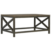 Dark gray rustic industrial cross metal oatmeal coffee table with weathered wood top and x-shaped leg supports