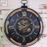 Industrial extra large black and brass wall clock with exposed gears roman numerals and wooden accent ring