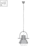 Industrial revolution chrome pendant light with metallic chain and cage and frosted glass shade in industrial style
