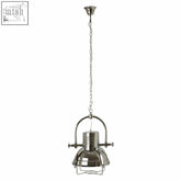 Industrial revolution pendant light with a polished chrome finish chain suspension and protective wire cage ceiling mount