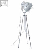 Industrial revolution tripod white floor lamp with chrome tripod base and white vintage-style spotlight head