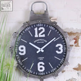 Industrial style wall clock with dark navy face white numerals weathered gunmetal grey riveted frame and hanging loop