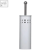 Indy white square design toilet brush with white cylindrical holder and silver steel handle featuring decorative cutouts