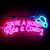 A vibrant pink and turquoise cowboy hat neon sign with usb dimmable led lights for wall decor and man caves
