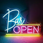 Vibrant pink blue and yellow led neon light open sign perfect for bars salons shops cafes and wall decor