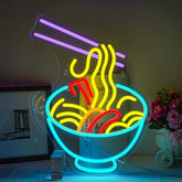 A glowing ramen neon sign with vibrant yellow and red noodles in a blue bowl perfect for wall decor