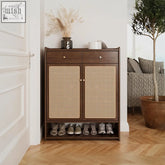 Dark wood rubber wood ingrid rattan shoe storage cabinet with woven cane doors and lower shoe shelf