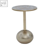 Inventivo mosaic top gold finish side table with a sleek round base and warm metallic textured silver-toned top
