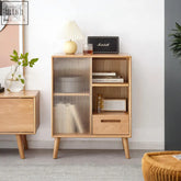 Light oak iris sideboard with vertical glass door panels and a single drawer made from oak material