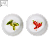 White ceramic two dipping bowls with hand-painted green olives and red chili peppers from the italia set