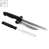 Black-handled stainless steel serrated bread knife and fork two-piece carving set for easy carving and serving