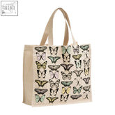 Beige canvas jade butterfly shopping bag with repeating black green and yellow butterfly pattern perfect for shopping