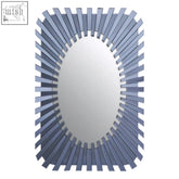 A jade grey rectangular sunburst wall mirror with a sleek oval mirror and metallic gray slat frame design