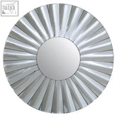 Jade round silver wall mirror with reflective segmented silver sunburst rays around a central circular glass panel