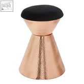 Copper finish hammered metal stool with a black velvet seat from jaipur black velvet collection