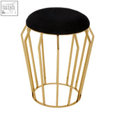 Gold finish stool with black velvet seat featuring a jaipur black velvet look and sleek wireframe design