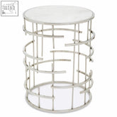 Silver jaipur marble top side table with white marble top and open wireframe design perfect for black velvet decor