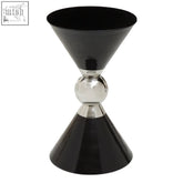 Black and silver double-cone jigger with a polished metallic sphere and mirrored cone for stylish precise pouring