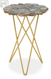 Jaipur side table with gold-toned hairpin metal base and circular agate top in shades of gray brown and translucent hues