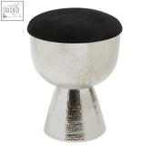Silver hammered metal jaipur stool with a black velvet seat perfect for stylish urban interiors