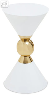 Jaipur white and gold finish side table with a white conical lamp and polished gold spherical centerpiece showing sculptural symmetry