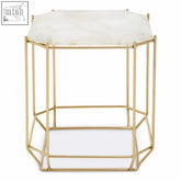Gold-toned geometric side table with a jaipur white quartz marble top perfect for stylish living spaces