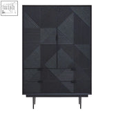 Jakara black finish cabinet with geometric textured panels and slender metal legs for stylish storage