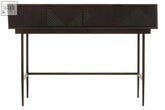 Jakara black finish console table with dark wood geometric inlay pattern, slender metal legs, and 2 drawers