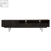 Black finish media unit jakara with geometric inlay patterns and slender metal legs for stylish storage