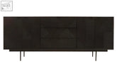 Jakara black finish sideboard with textured geometric patterns, 4 doors, 3 drawers, and slender metal legs