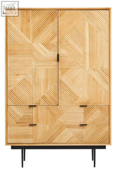 Jakara natural finish cabinet with drawers featuring a modern bamboo design with geometric inlaid panels and black legs