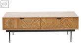 Modern wooden jakara natural finish coffee table with geometric inlaid drawers and black metal legs