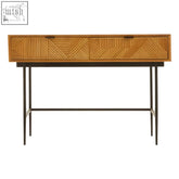 Jakara natural finish console table with woven bamboo drawers and sleek black metal legs in a natural finish console design