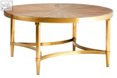 Gold-finished jana coffee table with stainless steel curved frame and circular wooden top featuring sunburst pattern